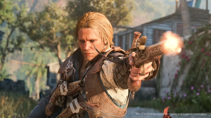 Assassin’s Creed Black Flag Resynced: Naloď se znova pod pirátskou vlajku Edward Kenway stříli z pistole, screenshot z traileru na hru Assassin's Creed Black Flag Resynced