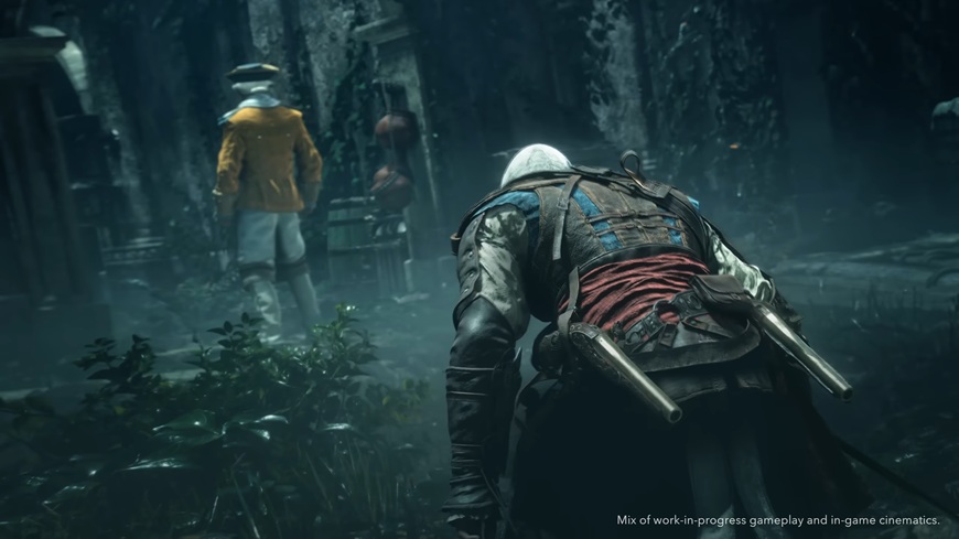 Assassin’s Creed Black Flag Resynced: Naloď se znova pod pirátskou vlajku Edward Kenway se plíží za vojákem, screenshot z traileru na hru Assassin's Creed Black Flag Resynced