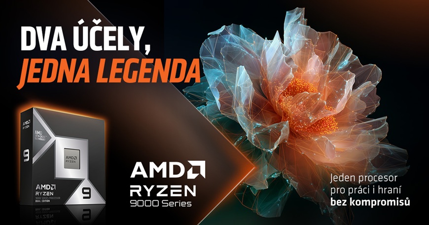 NE PŘED 15:00 22.4.26! Procesor AMD Ryzen 9 9950X3D2 DUAL EDITION: Profi výbava na maximum Procesor AMD Ryzen 9 9950X3D2 DUAL EDITION na pozadí modelu květiny, nápis DVA ÚČELY, JEDNA LEGENDA