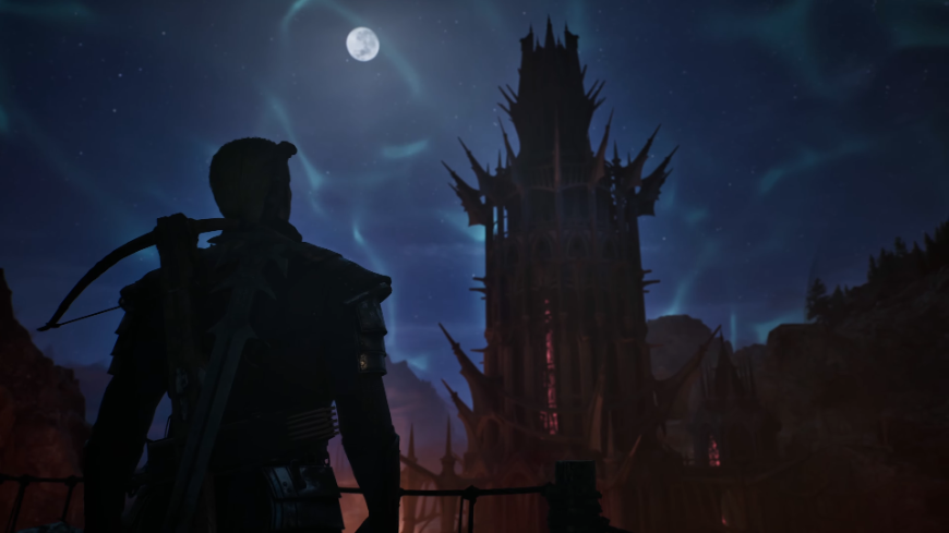 Gothic Remake: Předobjednej si jízdenku do světa Kolonie! Screenshot z traileru na hru Gothic Remake, silueta postavy stojící před věží uprostřed noci