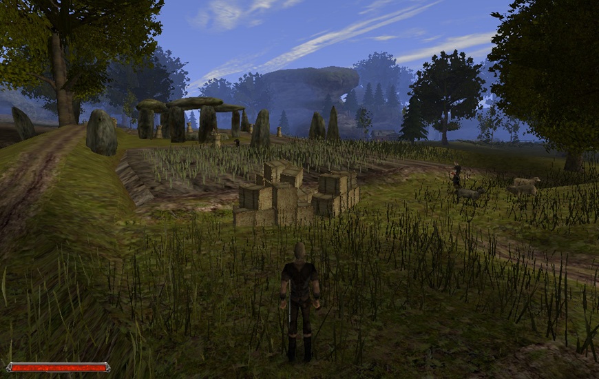 Gothic Remake: Předobjednej si jízdenku do světa Kolonie! Screenshot ze hry Gothic 2 - hrdina stojí uprostřed krajiny před kamennými monolity