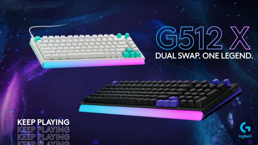 Klávesnice Logitech G512 X v bílém a černém provedení pod sebou, nápis G512 X DUAL SWAP. ONE LEGEND, v levém dolním rohu nápis KEEP PLAYING, v pravém dolním rohu logo Logitech G