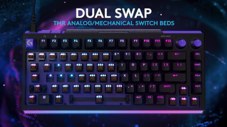 Klávesnice Logitech G512 X s barevným podsvícením a odkrytou částí spínačů, nápis DUAL SWAP, TMR ANALOG/MECHANICAL SWITCH BEDS