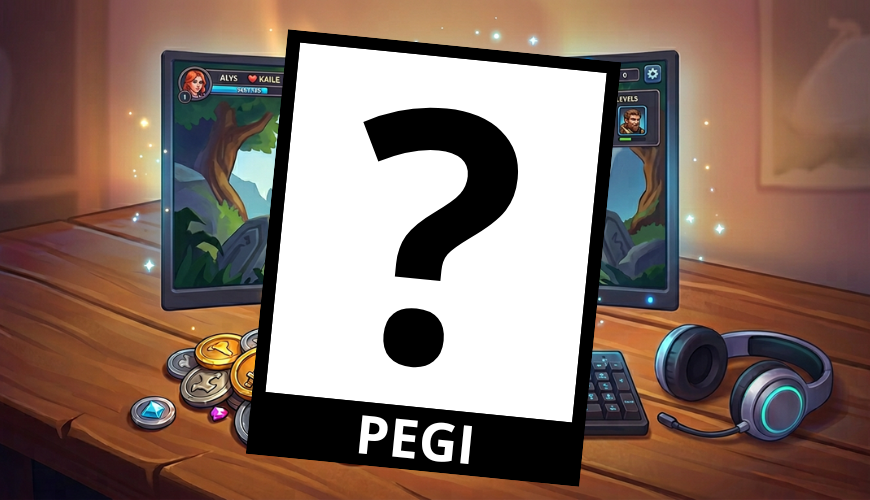 Monitor stojí na stole, na monitoru je počítačová hra, přes obrázek je štítek s nápisem PEGI a otazníkem