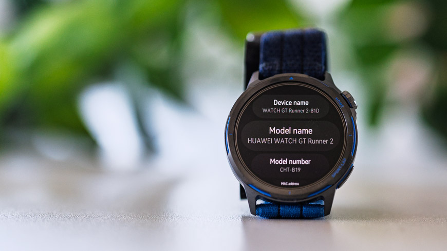 Chytré hodinky Huawei Watch GT Runner 2 zobrazují device name, model name, model nember