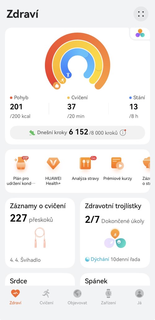 Screenshot z aplikace Huawei Health u chytrých hodinek Huawei Watch GT Runner 2 zachycuje zdraví