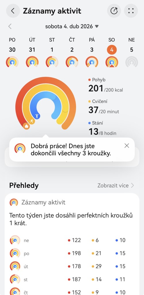 Screenshot z aplikace Huawei Health u chytrých hodinek Huawei Watch GT Runner 2 zachycuje záznam aktivit