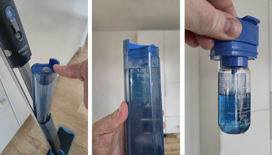 Recenze: Elektrický mop Philips OneUp – vytírejte jedním tahem a bez námahy Nádržka na čistotou vodu v mopu Philips OneUp s čisticím prostředkem.