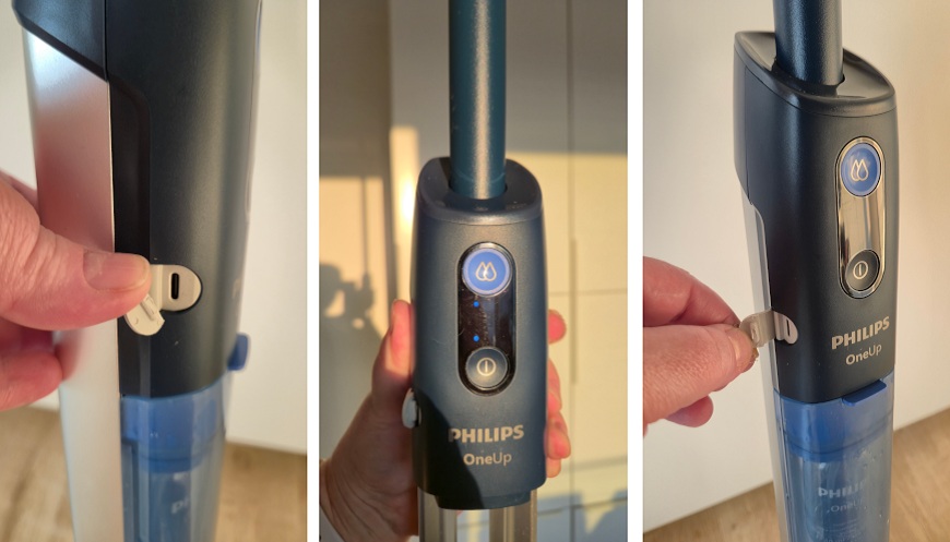 Recenze: Elektrický mop Philips OneUp – vytírejte jedním tahem a bez námahy Zdířka pro kabel na mopu Philips OneUp a ovládací panel.