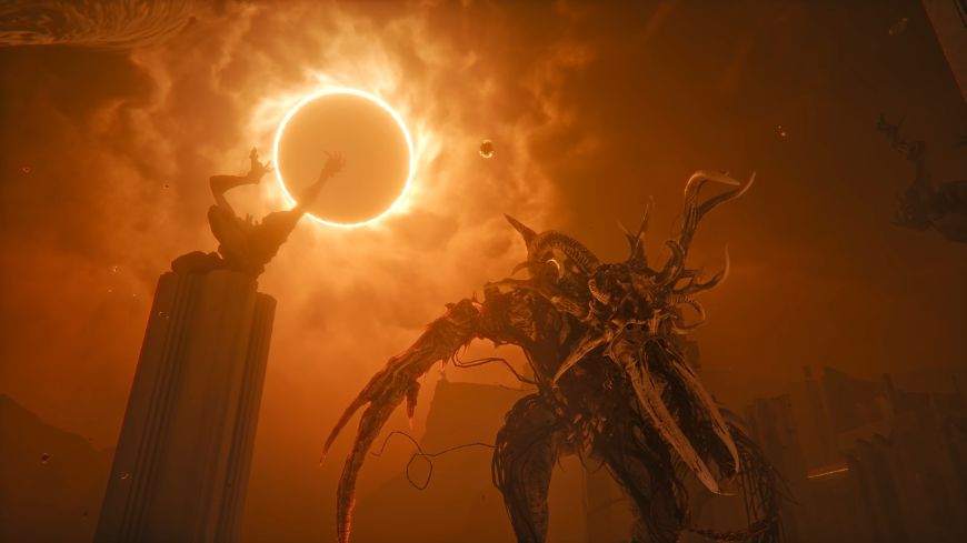 Saros: Zachovej si chladnou hlavu v žáru boje na Carcose Monstrum na pozadí zatmění slunce ve hře Saros, screenshot z traileru