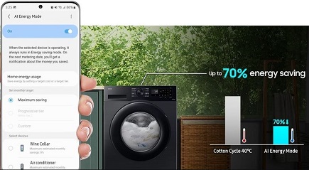 telefon se spuštěnou aplikaci smartThings, část o šetření energie při používání. V pozadí pračka Samsung