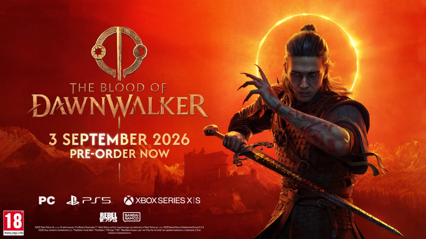 Coen v bojové pozici na pozadí slunečního kruhu, logo The Blood of Dawnwalker, informace o vydání hry, screenshot z traileru na The Blood of Dawnwalker