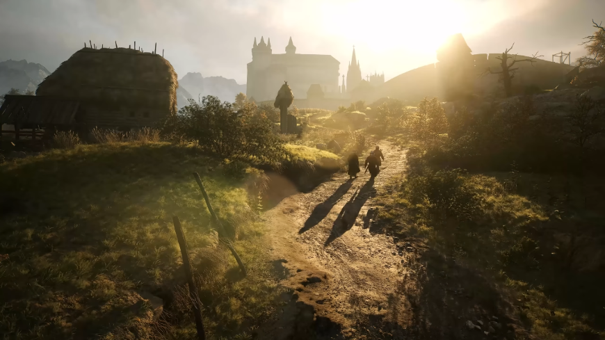 Prosluněná krajina s cestou, po níž jdou dvě postavy, screenshot z traileru na The Blood of Dawnwalker