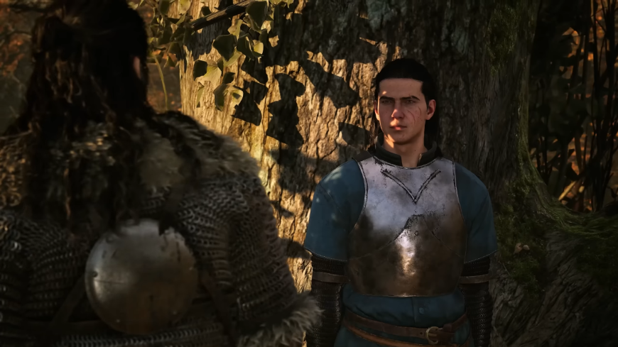 Coen v lidské formě si povídá s jinou postavou, screenshot z traileru na The Blood of Dawnwalker