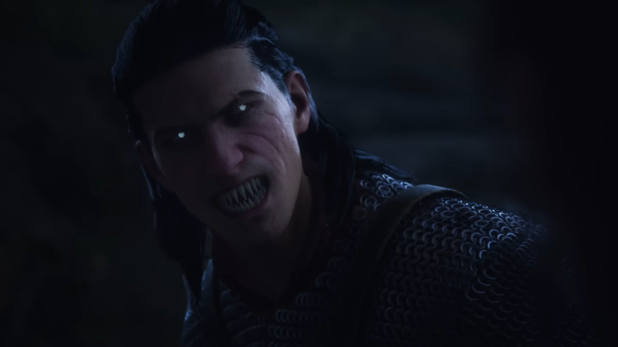 Coen v upírské formě s vyceněnými zuby, screenshot z traileru na The Blood of Dawnwalker