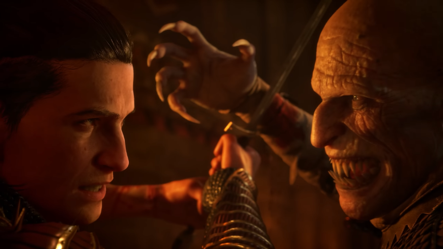 Detail Coenova a upírova obličeje, screenshot z traileru na hru The Blood of Dawnmaker