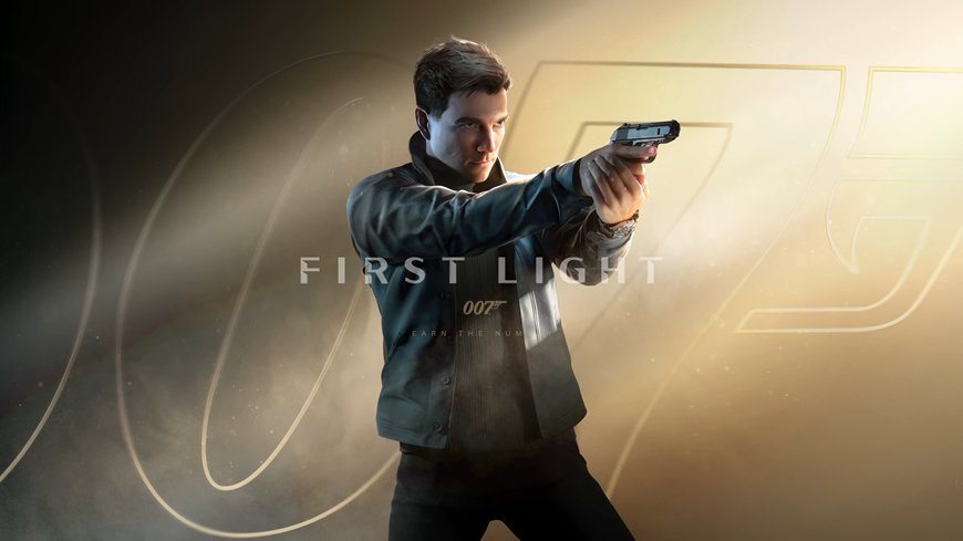 Postava Jamese Bonda míří zbraní, na pozadí je nápis 007, screenshot z traileru na hru 007 First Light