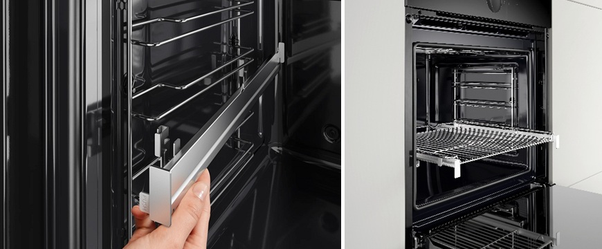 TOP 10 vychytávek vestavných trub Bosch, které usnadní pečení Detailní záběr na vycvaknutí teleskopu z trouby Bosch a otevřená trouba s vysunutým roštem