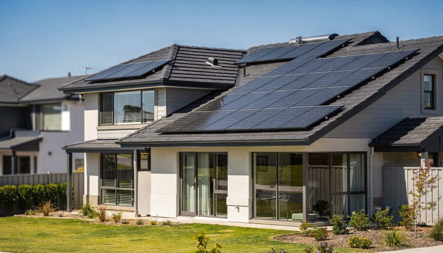 Moderní dům s fotovoltaickými panely na střeše