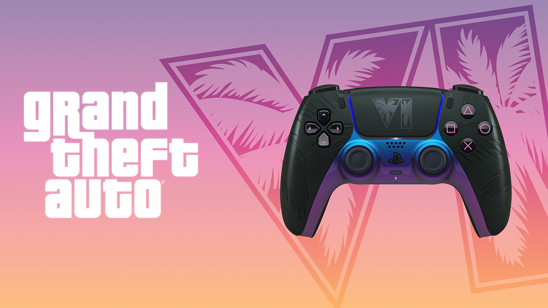 Grand Theft Auto VI: Vše o nejočekávanější hře desetiletí – předobjednávky spuštěny (aktualizováno) Limitovaná edice ovladače DualSense GTA 6 v černém provedení, vlevo je logo Grand Theft Auto, na pozadí je motiv GTA VI