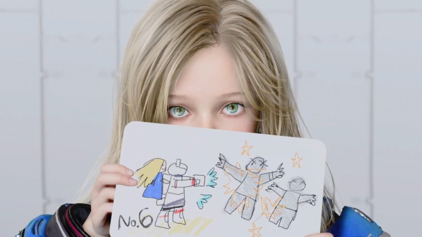 Screenshot z dema hry Pragmata, Diana drží před obličejem obrázek