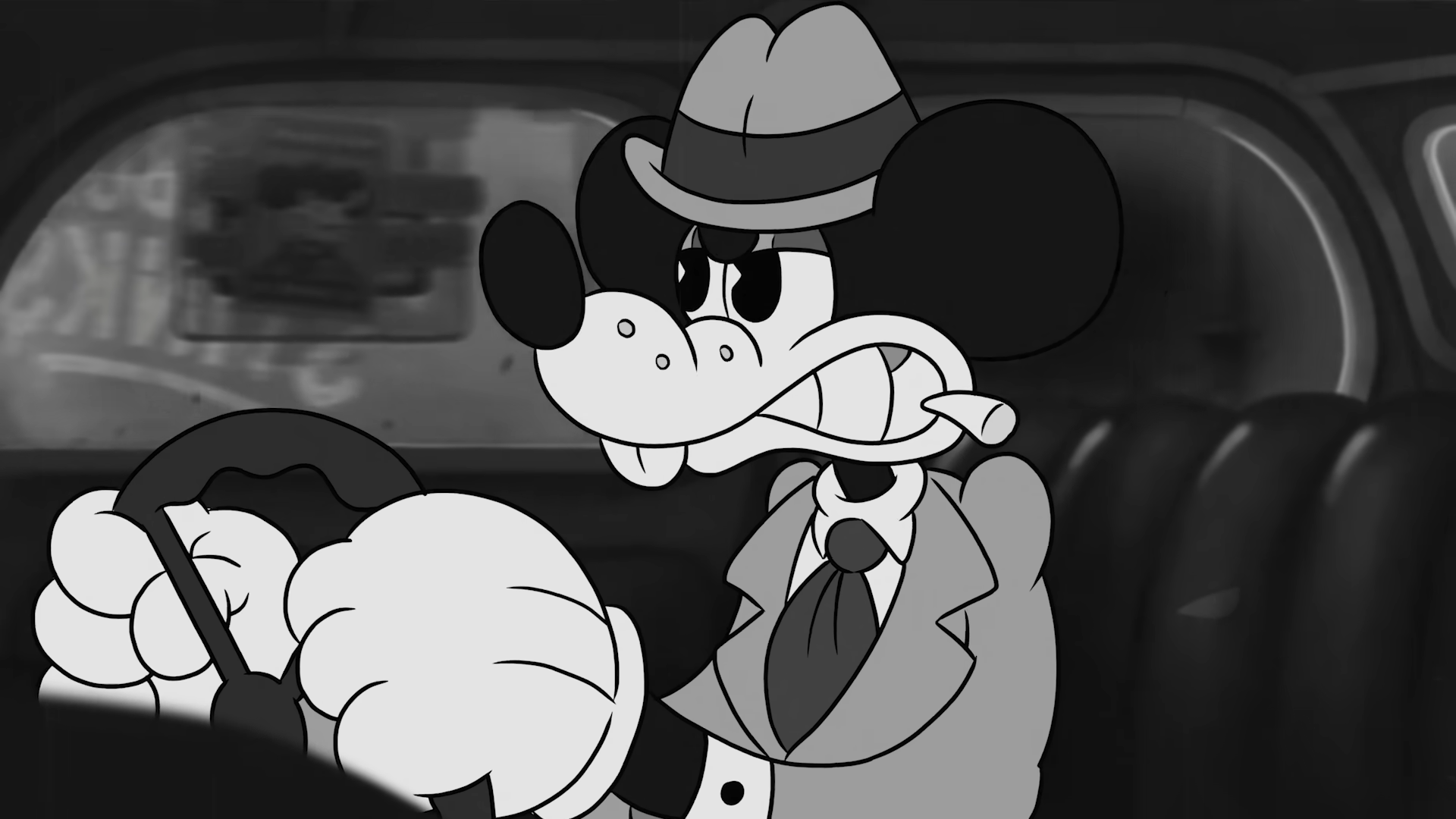 Myší detektiv drží volant v autě, screenshot ze hry Mouse P. I. for Hire