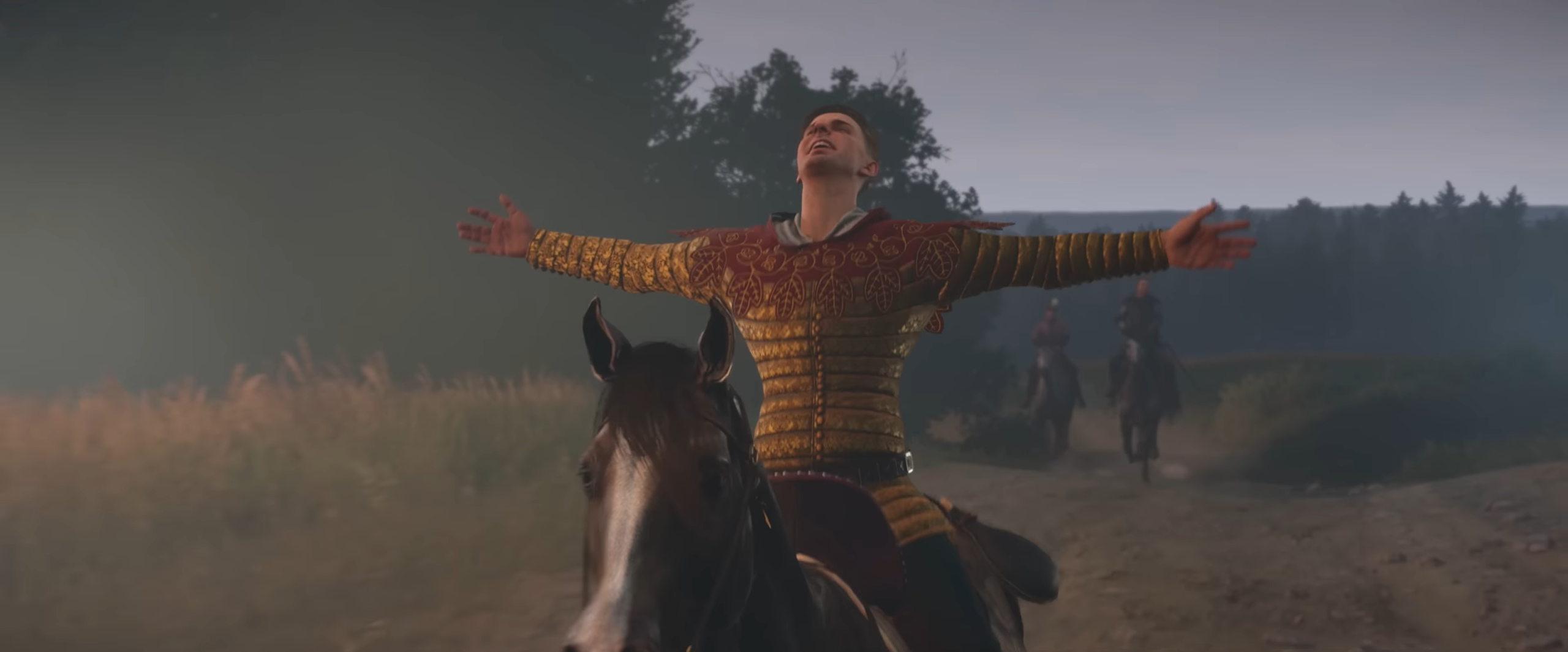 Jidnřich jede s rozpaženýma rukama na koni, screenshot z traileru na Kingdom Come II: Deliverance Royal Edition