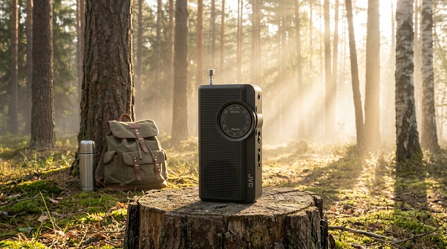 Kapesní černé rádio JVC RA-E311B postavené na pařezu v lese, v pozadí je turistický batoh, termoska a sluneční paprsky prosvítající stromy