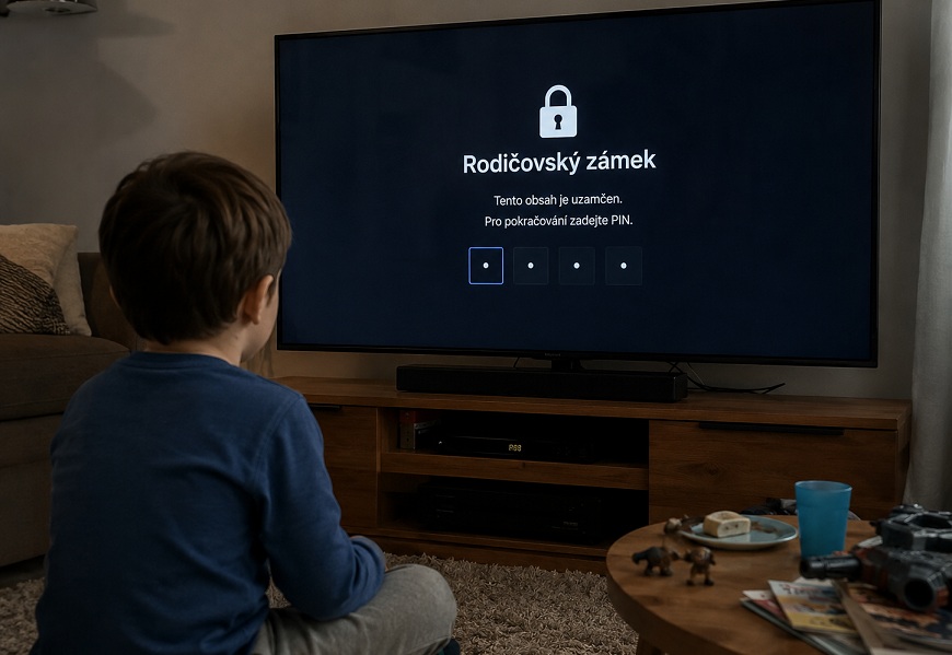Jak nastavit rodičovskou kontrolu na chytrých zařízeních? Chlapec sedí před televizí, na které svítí rodičovský zámek.