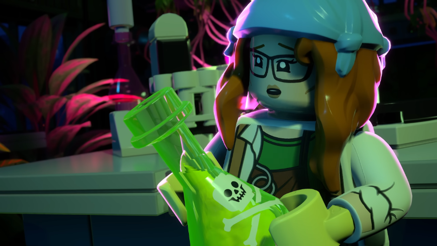 Ženská LEGO postava s vyděšeným pohledem drží lahvičku se zelenou tekutinou