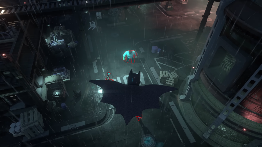 LEGO Batman se vznáší nad městem s rozevlátým pláštěm a monitoruje postavy pod sebou