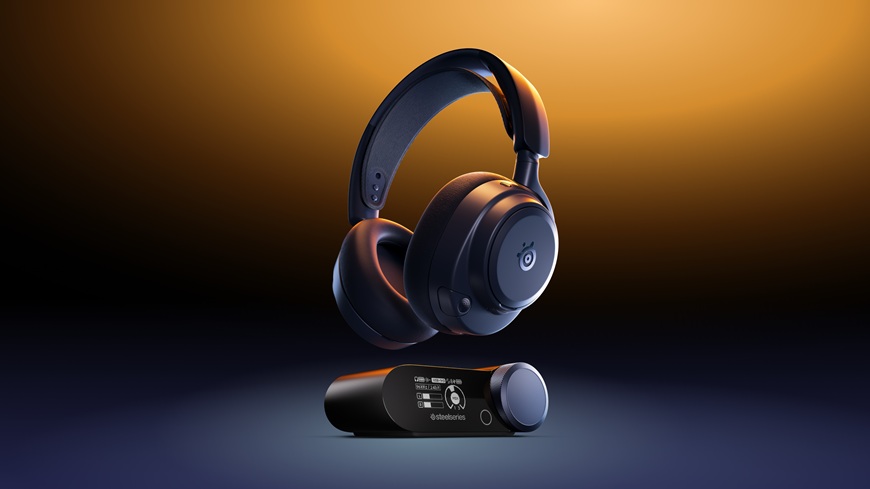 Arctis Nova Pro Omni v modrém provedení - headset se vznáší nad GameHubem na žluto-modrém pozadí