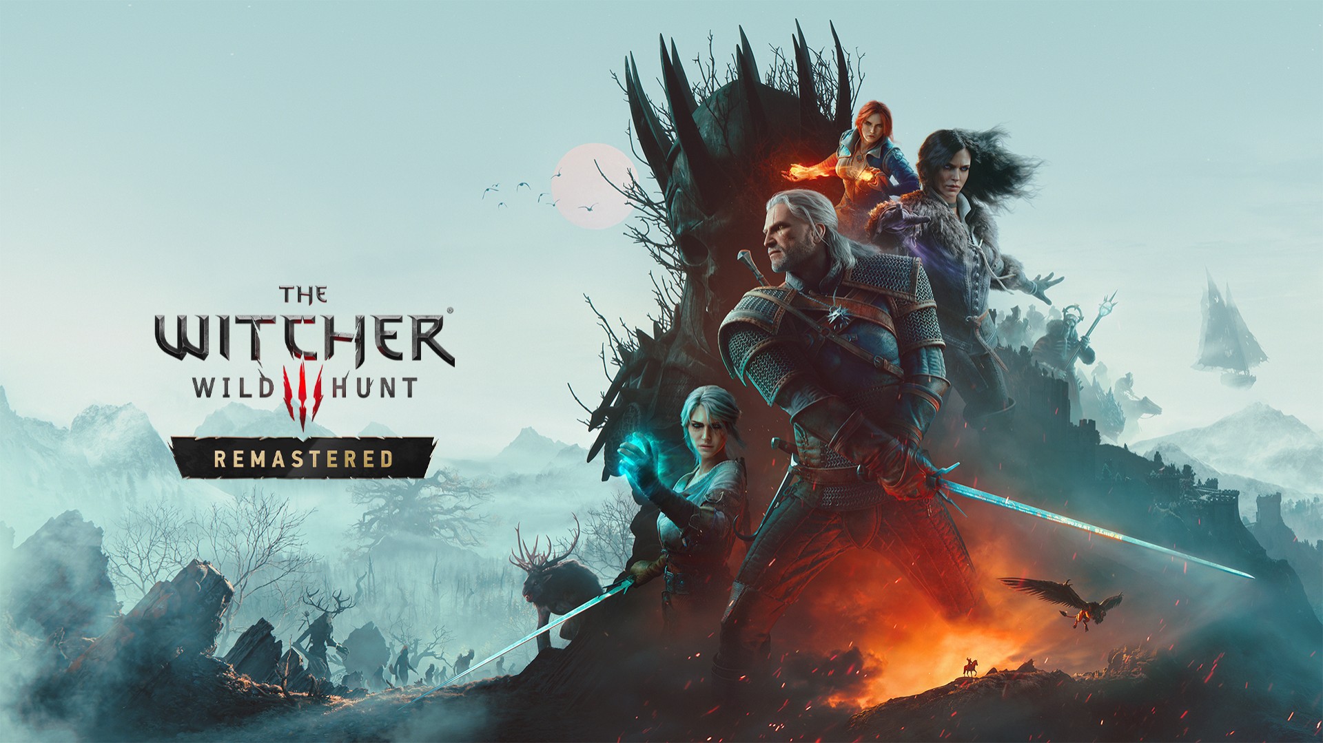 Třetí DLC pro Zaklínače 3: Songs of the Past rozechvějí zaklínačské medailony příští rok (aktualizováno) Vpravo koláž postav ze hry The Witcher 3: Wild Hunt,vlevo logo The Witcher 3: WIld Hunt - Remastered