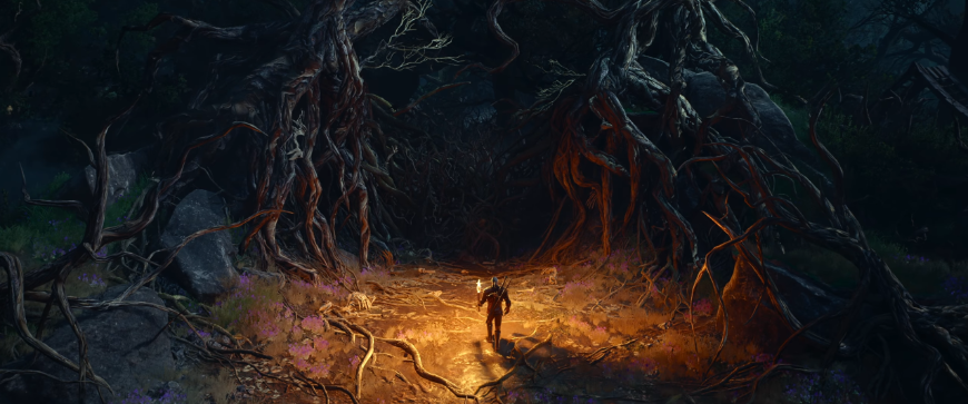 Třetí DLC pro Zaklínače 3: Songs of the Past rozechvějí zaklínačské medailony příští rok (aktualizováno) Geralt ve tmě s loučí kráčí k jeskyni obrostlé kořeny