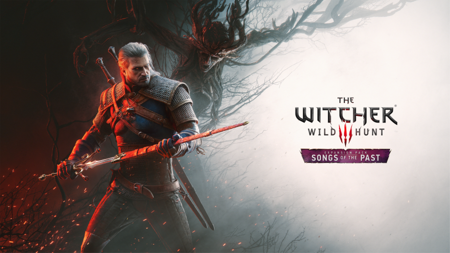 Třetí DLC pro Zaklínače 3 potvrzeno: Songs of the Past rozechvějí zaklínačské medailony příští rok Geralt drží meč, nápis The Witcher 3: Songs of the Past