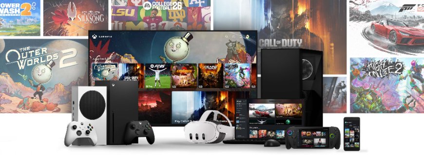 Televize, Xbox X, VR set, handheldy, mobil a další zařízení na pozadí koláže z obrázků z videoher