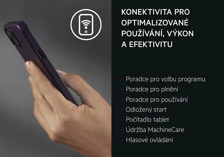 Objevte novou generaci myček AEG: Ruka s mobilním telefonem v ruce. Vedle výpis benefitů používání mobilní aplikace AEG.