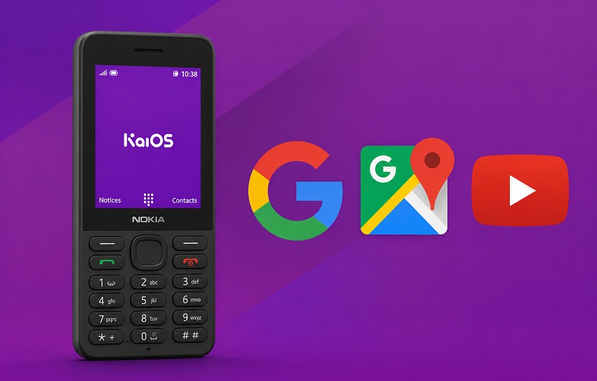 Nokia s operačním systémem KaiOS. Vedle jsou ikony aplikací Google a YouTube.
