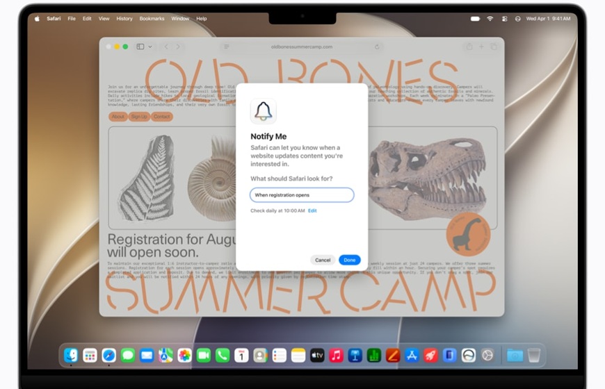Ukázka možností práce s pomocí Apple Intelligence – prohlížeč Safari, hlídající aktualizaci obsahu na dané webové stránce