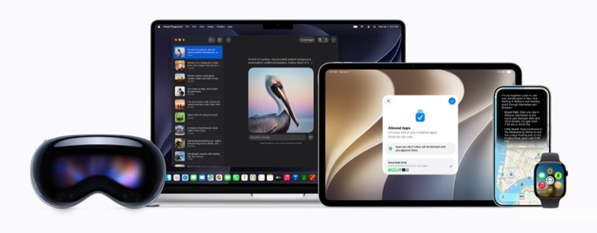 Ukázka podporovaných zařízení Apple – Apple Vision, Mac, iPad, iPhone, Apple Watch