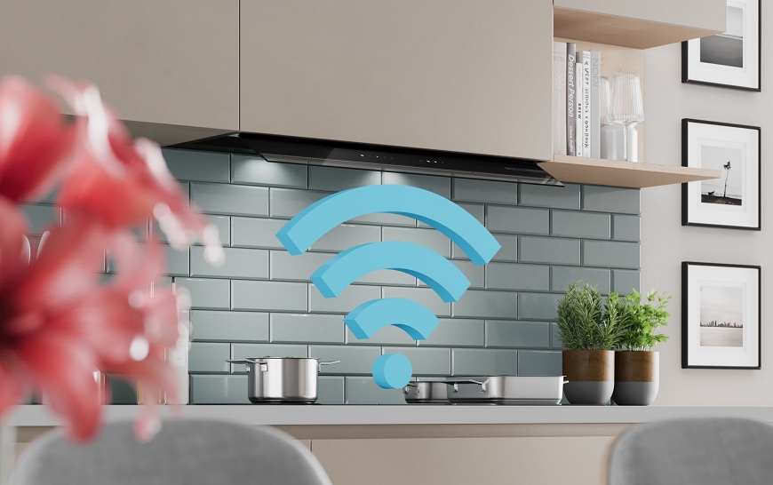 varná deska a odsavač Bosch v béžové kuchyni se znázorněným logem wi-fi