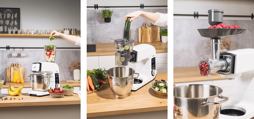 Grilování s ETA: Poctivá domácí příprava, která chutná Bílý kuchyňský robot ETA Gratus Kuliner v kuchyni při mixování smoothie, krouhání okurek a mletí masa