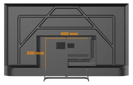 Nákres zadní strany televize s vyznačeným VESA rozměrem pro montáž na držák. Šipky ukazují horizontální rozteč 400 mm a vertikální rozteč 300 mm (VESA 400x300)