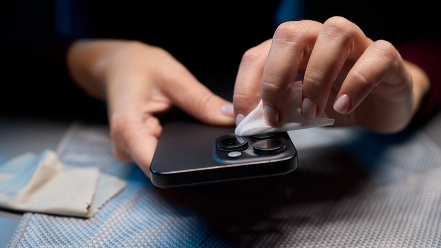 Jak pořídit dobré fotky mobilem? Muž čistící ubrouskem čočky fotoaparátu na zádech telefonu