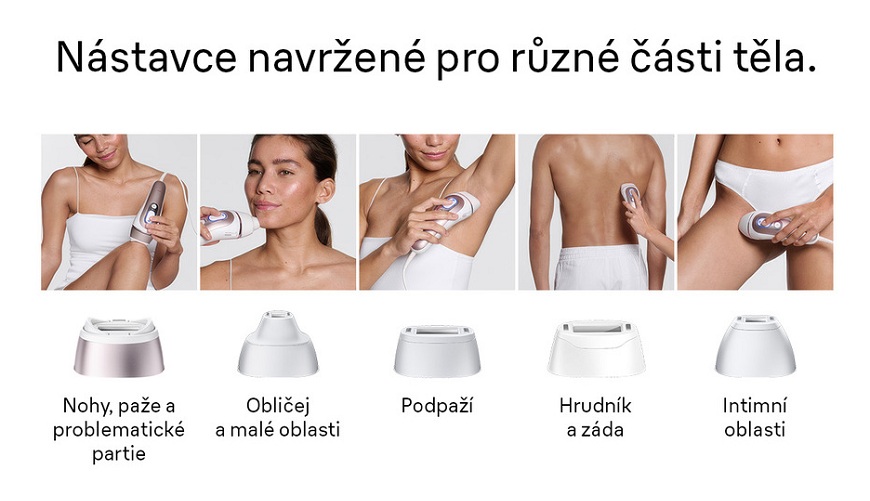 Přehled jednotlivých nástavců IPL epilátoru Braun podle částí těla.