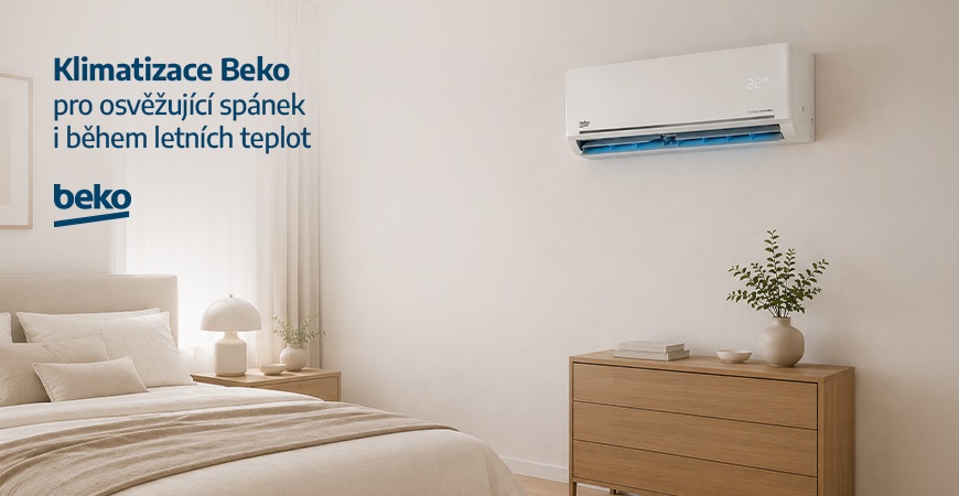 V létě příjemně chladí a v zimě vás zahřejí. Objevte širokou nabídku klimatizací Beko Vnitřní jednotka splitové klimatizace Beko na stěně v ložnici nad komodou. Vlevo nahoře claim:Klimatizace Beko pro osvěžující spánek i během letních teplot.