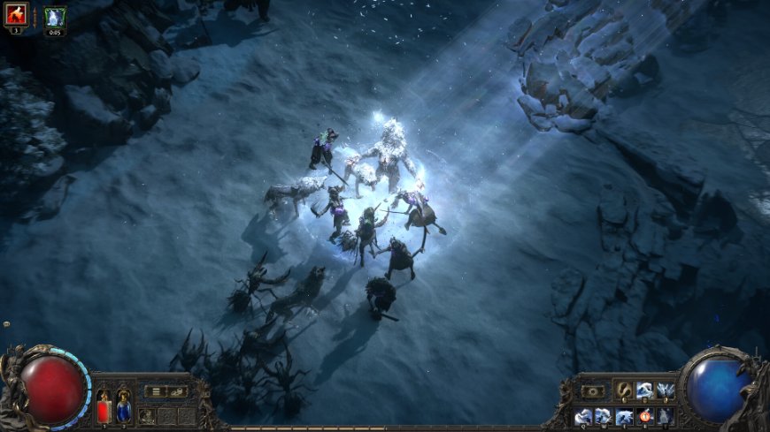 Path of Exile 2: Naostři své herní tabulky Záběr boje s bossem ve hře Path of Exile 2, bojující postavy jsou osvícené světelným efektem