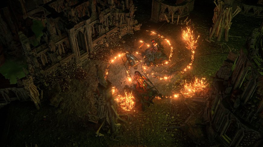 Path of Exile 2: Naostři své herní tabulky Boj ve hře Path of Exile 2, kolem bojujících postav je ohnivý vír