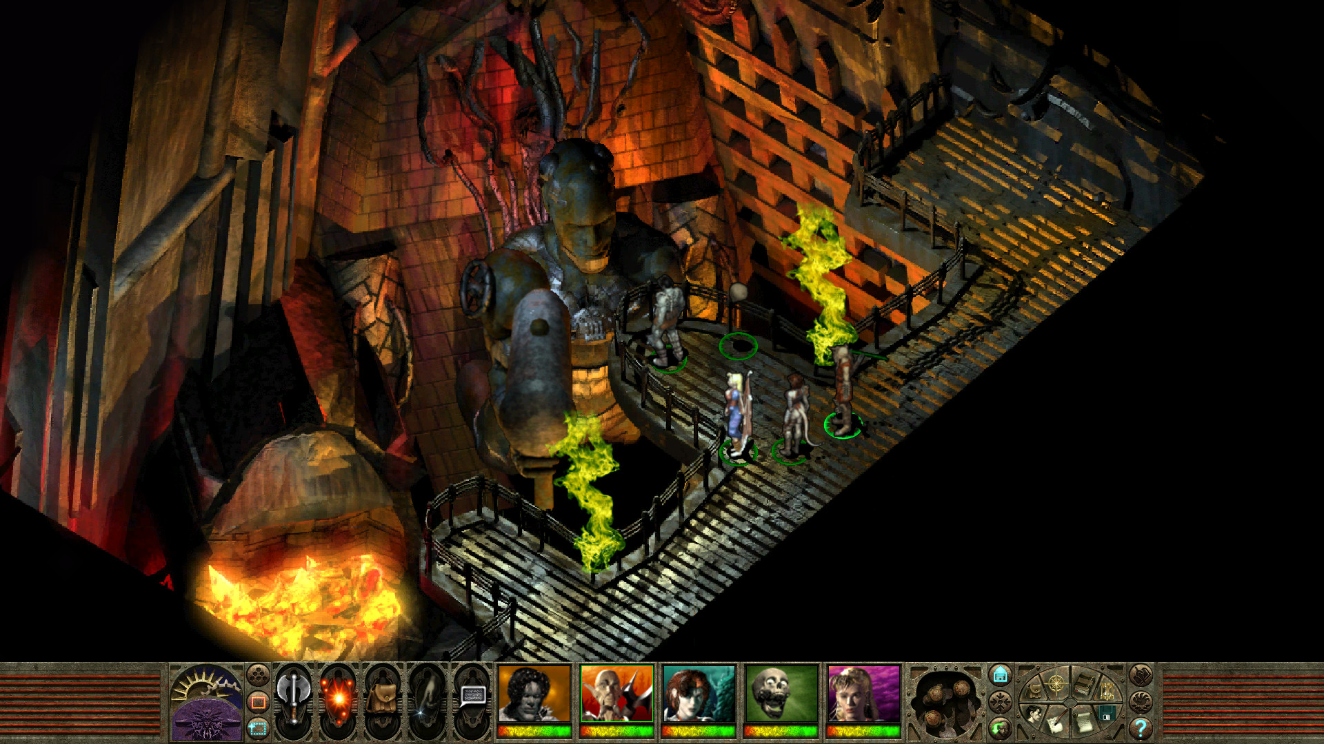 Blizzard in Baator: Fanouškovské DLC vrací RPG klasiku Planescape do hry Screenshot ze hry Planescape: Torment, tři postavy stojí u velké sochy, dole je ovládací lišta