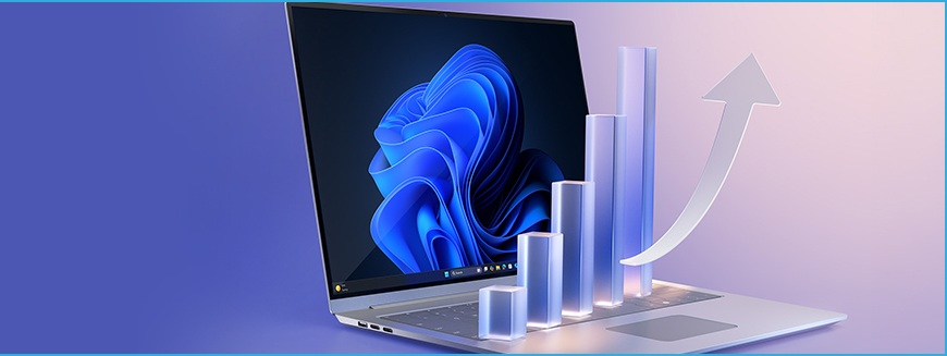 Konec podpory Windows 10: Objevte novou éru bezpečí a produktivity s Windows 11 Pro a Copilot+ PC grafické znázornění efektivity práce s Copilot+ na notebooku